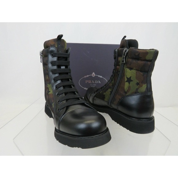 NIB PRADA 0T0782 CAMOUFLAGE GREEN LEATHER CAP TOE LACE UP COMBAT BOOTS 36 US 6 - Picture 5 of 12
